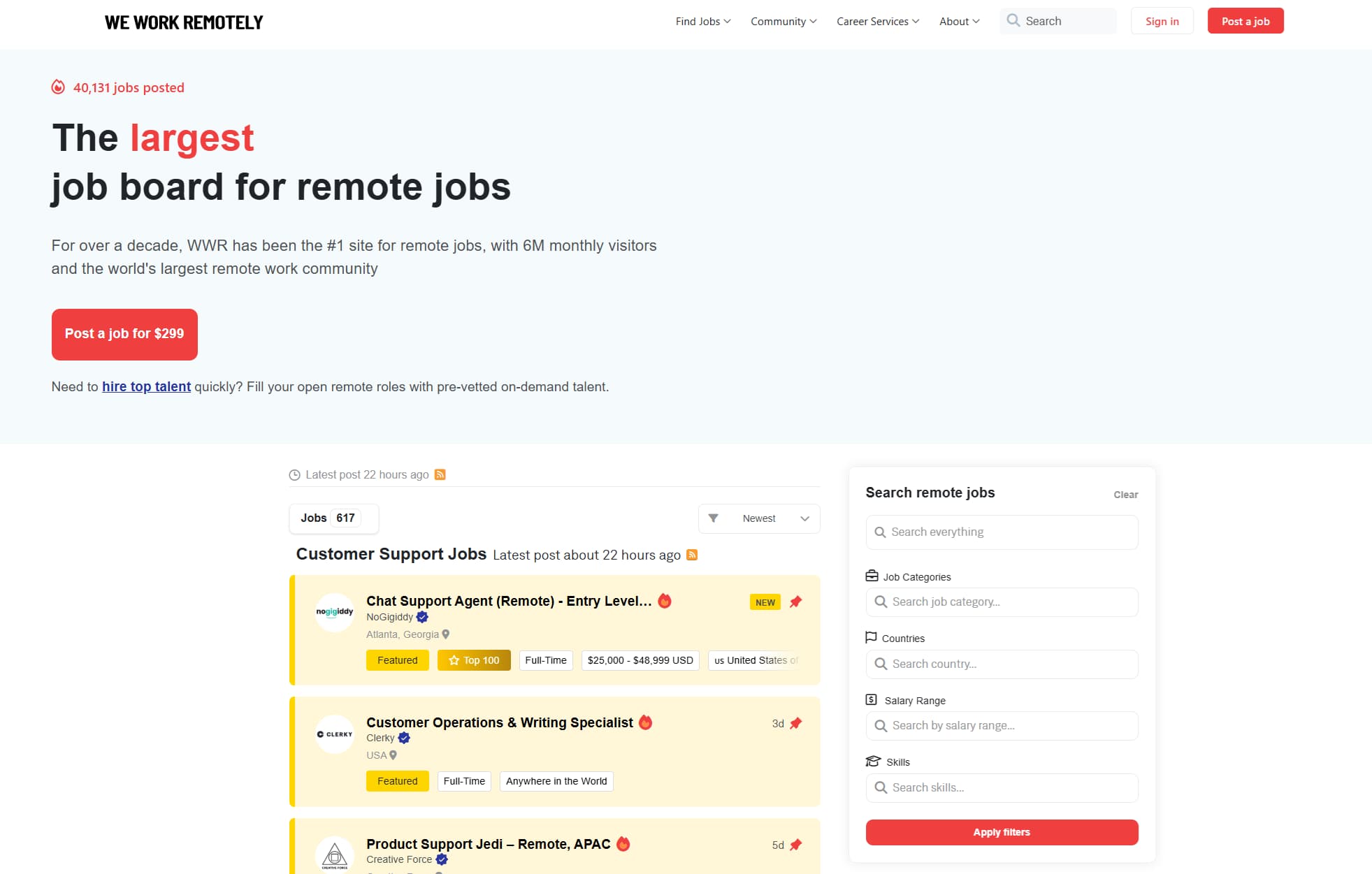 We Work Remotely job board homepage for remote positions